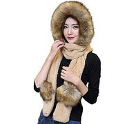 iNelihoo Faux Fur Hooded Scarf 3 in 1 Winter Women's Neckwarmer With Mittens, Hoodie Pocket Hat, Long Scarf Set - Khaki, One Size