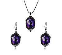 INENIMARTJ Gothic Necklace Earrings Set for Women,Vintage Witch Crow Bat Cameo Pendant Necklace Punk Teardrop Crystal Emboss Necklace Witch Jewelry Set Halloween Costume Accessories, Metal, No