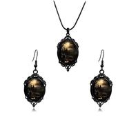 INENIMARTJ Gothic Necklace Earrings Set for Women,Vintage Witch Crow Bat Cameo Pendant Necklace Punk Teardrop Crystal Emboss Necklace Witch Jewelry Set Halloween Costume Accessories, Metal, No