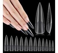 INENK No C Curve XXL Stiletto Nail Tips Semi Matte Transparent Half Cover Flat Stiletto Tips for Acrylic Nails Art Design Salons Home DIY Nail Extensions (12 Sizes, 240 Pieces)