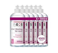 INEOS Next-Gen 2in1 Washing Up Liquid, 3L (500ml x 6), 1000 Sinkfuls, Dishwashing + Handwashing, Plant Powered, Rhubarb + Pomegranate, Packaging May Vary