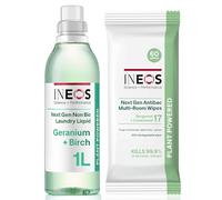 INEOS Next-Gen Cleaning Products Bundle, Non Bio Laundry Washing Liquid Detergent, 33 Washes (1L), Geranium + Birch + Antibac Multi-Room Disinfectant Biodegradable 60 Wipes, Bergamot + Cedarwood