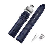 INEOUT Genuine Leather Dark Blue Color Watch Strap Butterfly Clasp Watchband Sized In 16mm 18mm 20mm 21 22mm 23mm(Blue silver buckle,22mm)