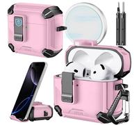 Inesore 2-in-1 Automatic Pop-up Security Case for AirPods 4 Gen (2024) with Built-in Phone Stand & Cleaning Kit, Drop-Proof Magnetic Case for Air Pod 4 Charging Case (USB-C) (Pink)