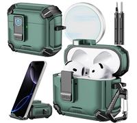 Inesore 2-in-1 Automatic Pop-up Security Case for AirPods 4 Gen (2024) with Built-in Phone Stand & Cleaning Kit, Drop-Proof Magnetic Case for Air Pod 4 Charging Case (USB-C) (Forest Green)