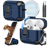 Inesore for AirPods 4 Case (2024) with Phone Stand Design, Carbon Fiber Texture Design, Auto-Locking Case Cover for Air Pods 4 with Cleaning Kit & Keychain, Blue