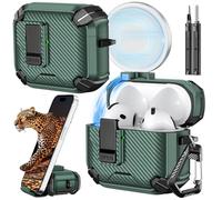 Inesore for AirPods 4 Case (2024) with Phone Stand Design, Carbon Fiber Texture Design, Auto-Locking Case Cover for Air Pods 4 with Cleaning Kit & Keychain, Green