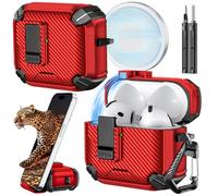 Inesore for AirPods 4 Case (2024) with Phone Stand Design, Carbon Fiber Texture Design, Auto-Locking Case Cover for Air Pods 4 with Cleaning Kit & Keychain, Red