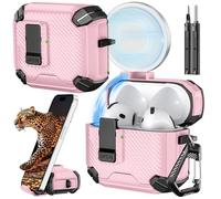 Inesore for AirPods 4 Case (2024) with Phone Stand Design, Carbon Fiber Texture Design, Auto-Locking Case Cover for Air Pods 4 with Cleaning Kit & Keychain, Pink