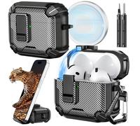 Inesore for AirPods 4 Case (2024) with Phone Stand Design, Carbon Fiber Texture Design, Auto-Locking Case Cover for Air Pods 4 with Cleaning Kit & Keychain, Black