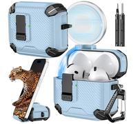 Inesore for AirPods 4 Case (2024) with Phone Stand Design, Carbon Fiber Texture Design, Auto-Locking Case Cover for Air Pods 4 with Cleaning Kit & Keychain, Light Blue