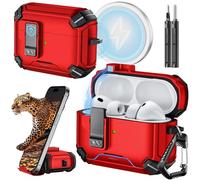 Inesore for AirPods Pro 3 Case with Phone Stand Design, Compatible with MagSafe, Auto-Locking Case Cover for Air Pods Pro 3 (2025) with Cleaning Kit & Keychain, Red