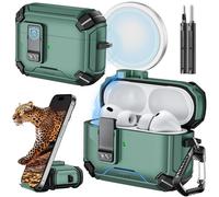 Inesore for AirPods Pro 3 Case with Phone Stand Design, Compatible with MagSafe, Auto-Locking Case Cover for Air Pods Pro 3 (2025) with Cleaning Kit & Keychain, Cold Green