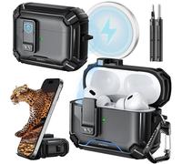 Inesore for AirPods Pro Case with Phone Stand Design, Compatible with MagSafe, Auto-Locking Case Cover for Air Pods Pro 1st/2nd (2019/2022/2023) with Cleaning Kit & Keychain, Black