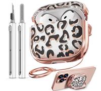 Inesore with Safety Lock for AirPods 4 Case,Clear Floral Cute AirPod 4th Generation Case for Women Girly with Cleaner Kit and Keychain-Black+Gold Leopard Print