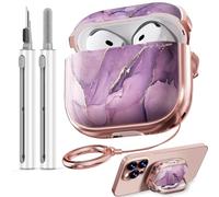 Inesore with Safety Lock for AirPods 4 Case,Clear Floral Cute AirPod 4th Generation Case for Women Girly with Cleaner Kit and Keychain-Purple Gold Marble