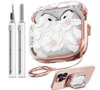 Inesore with Safety Lock for AirPods 4 Case,Clear Floral Cute AirPod 4th Generation Case for Women Girly with Cleaner Kit and Keychain-Black+Gold White Lily