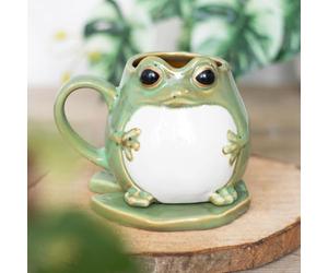 Inevitable Ceramic Frog Coffee Mug with Lily Pad Saucer, Green and White, Decorative Animal Design