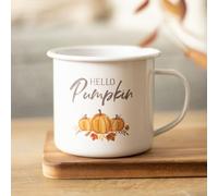 Inevitable Hello Pumpkin Enamel Mug, Autumn Themed, 500ml Capacity, White with Pumpkin Design