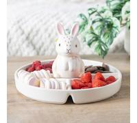 Inevitable Large Ceramic Bunny Serving Dish, Divided Snack Platter with Dip Bowl, White Decorative Rabbit Design