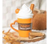 Inevitable Pumpkin Spice Latte Ceramic Mug with Whipped Cream Lid, Heart-Shaped Handle, Decorative Coffee Cup, Orange and Brown