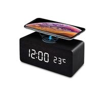 INF Wooden Digital Alarm Clock Wireless Charging LED Desk Clock for Bedroom Bedside Office Black