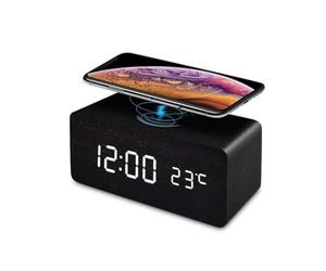 INF Wooden Digital Alarm Clock Wireless Charging LED Desk Clock for Bedroom Bedside Office Black
