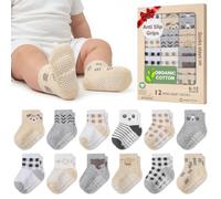 Infancie Baby Socks with Grippers 6-12 Months | Non-Slip Sole for Safe Walking | Ribbed Cuffs to Keep in Place | Cotton-Rich for Newborn Boys and Girls | 12-Pairs