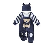 Infant Baby Boy Fall Clothes Bear Embroidery Stripe Print Long Sleeve Fake Two-Pieces Romper Hat Set Newborn Baby Jumpsuit Going Home Outfits Boys 0-18M (Navy Blue, 3-6 Months)