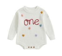 Infant Baby Boy Girl 1st Birthday Knit Romper Knitted Bodysuits Long Sleeve Letter Floral Embroidery Jumpsuit Pageant Baptism Warm Jumper Overalls Chunky Knitwear (White Floral, 9-12 Months)