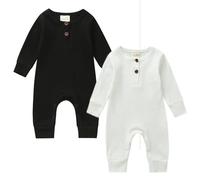 Infant Baby Boy Girl Solid Color Romper 2 Piece Set Knit Ribbed Full Length Jumpsuit Long Sleeve Bodysuits Button-up Long Pants Fall Winter Newborn One-Piece Outfits (Black White, 12-18 Months)