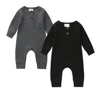 Infant Baby Boy Girl Solid Color Romper 2 Piece Set Knit Ribbed Full Length Jumpsuit Long Sleeve Bodysuits Button-up Long Pants Fall Winter Newborn One-Piece Outfits (Gray Black, 12-18 Months)