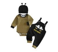 Infant Baby Boy Halloween Outfit Romper Overalls and Hat Fal 3 Pcs Set | My First Halloween Baby Boy Outfit, Ghost Embroidery Overalls Long Sleeve Bodysuit Pumpkin Hat Halloween Costume Set