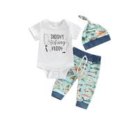 Infant Baby Boy Letter Short Sleeve Romper and Long Pants Coming Home Outfit Cute Clothes Sets with Hat (Daddy's Fishing Buddy White, 3-6 Months)