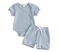 Infant Baby Boy Summer Clothes Short Sleeve Button Romper Elastic Waist Shorts Set Bodysuit Newborn Two Piece Outfit Boys Casual Set (Blue, 12-18 Months)