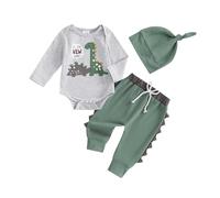Infant Baby Boys Clothes Set Spring Fall 3Pcs Outfit Dinosaur Print Long Sleeve Romper Elastic Waist Sweatpants Beanie Hat (Gray, 3-6 Months)