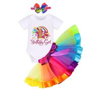 Infant Baby Girl 1st Birthday Cake Smash Outfit Rainbow Tutu Skirt Set Cotton Short Sleeve Romper Vest Bowknot Headband 3pcs One Year Old Party Photo Shooting Props Summer Clothes Rainbow 1 Year