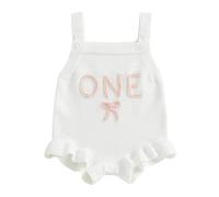 Infant Baby Girl 1st Birthday Knit Romper Knitted Bodysuits Sleeveless Letter Floral Embroidery Ruffle Jumpsuit Pageant Baptism Warm Jumper Overalls Chunky Knitwear (Light White, 12-18 Months)
