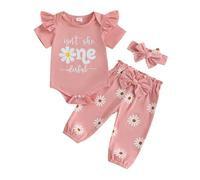 Infant Baby Girl 1st Birthday Outfits Short Sleeve Letter Embroidery Romper Bodysuit and Strawberry Print Pants and Headband Sets 3Pcs Birthday Clothes for Baby Girl (Bean Pink, 12-18 Months)