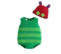 Infant Baby Girl Boy Halloween Caterpillar Costume Stripe Romper Hat Set | Halloween Caterpillar Costume, Fuzzy Stripe Sleeveless Round Neck Overalls and Cute Hat, Cosplay Party and Daily Wear
