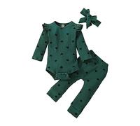 Infant Baby Girl Fall Winter Clothes Long Sleeve Love Print Ribbed Ruffle Romper Top+Pants+Headband Set Toddler Cute Casual Warm Bodysuit Clothes (Green, 6-12 Months)