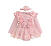 Infant Baby Girl Lace Tulle Dress Flower Embroidery Cake Smash Romper Dress and Headband My First Birthday Party Outfits Princess Photoshoot Dresses (Light Pink, 6-9 Months)