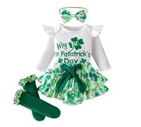 Infant Baby Girl My First St. Patrick 's Day Outfits Clothes Lucky Shamrock Print Long Flying Sleeve Outfit Clothes Pullover Infant Green Tutu Cute 4 Piece Outfits with Headband and Socks