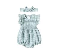 Infant Baby Girl Plaid Pleated Romper Toddler Summer Ruffle Sleeve Festival Bodysuit with Headband Newborn Sweet Jumpsuit Crawler Soft Cute Cotton Playsuit Nylon Dance Leotard (Green, 12-18 Months)