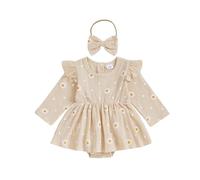 Infant Baby Girl Romper Dress Newborn Baby Girls' Bodysuits 3-6 Months Ruffled Trim Long Sleeve Princess Dress Daisy Print Jumpsuit Tutu Skirt with Bow Headband (Beige, 6-12 Months)