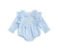 Infant Baby Girl Romper Plaid Floral Big Bow Decor Frill Trim Long Sleeve Crew Neck Bodysuits Newborn Jumpsuit Spring Outfit Autumn Clothes (Blue, 12-18 Months)
