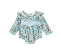 Infant Baby Girl Romper Plaid Floral Big Bow Decor Frill Trim Long Sleeve Crew Neck Bodysuits Newborn Jumpsuit Spring Outfit Autumn Clothes (Floral Blue, 3-6 Months)