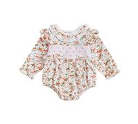 Infant Baby Girl Romper Plaid Floral Big Bow Decor Frill Trim Long Sleeve Crew Neck Bodysuits Newborn Jumpsuit Spring Outfit Autumn Clothes (Apricot, 12-18 Months)