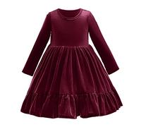 Infant Baby Girl Velvet Dress Toddler Kids Vintage Long Sleeve Pleated Swing A-line Princess Fall Winter Casual Clothes for Christmas Party Birthday Pageant Wedding Evening Cocktail Wine Red 2-3 Years