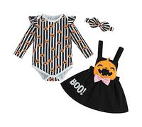 Infant Baby Girls Halloween Romper Skirt 3pcs Outfits Set Long Sleeve Ruffle Shoulder Bodysuit Onesies Suspender Pumpkin Ghost Skirt Headband Girls All Saints Day Clothes (Black, 6-9 Months)